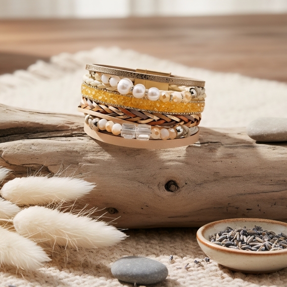 🆕Boho Chic Layered Vegan Leather Magnetic Trendy Bracelet with Faux Pearls - Picture 5 of 16